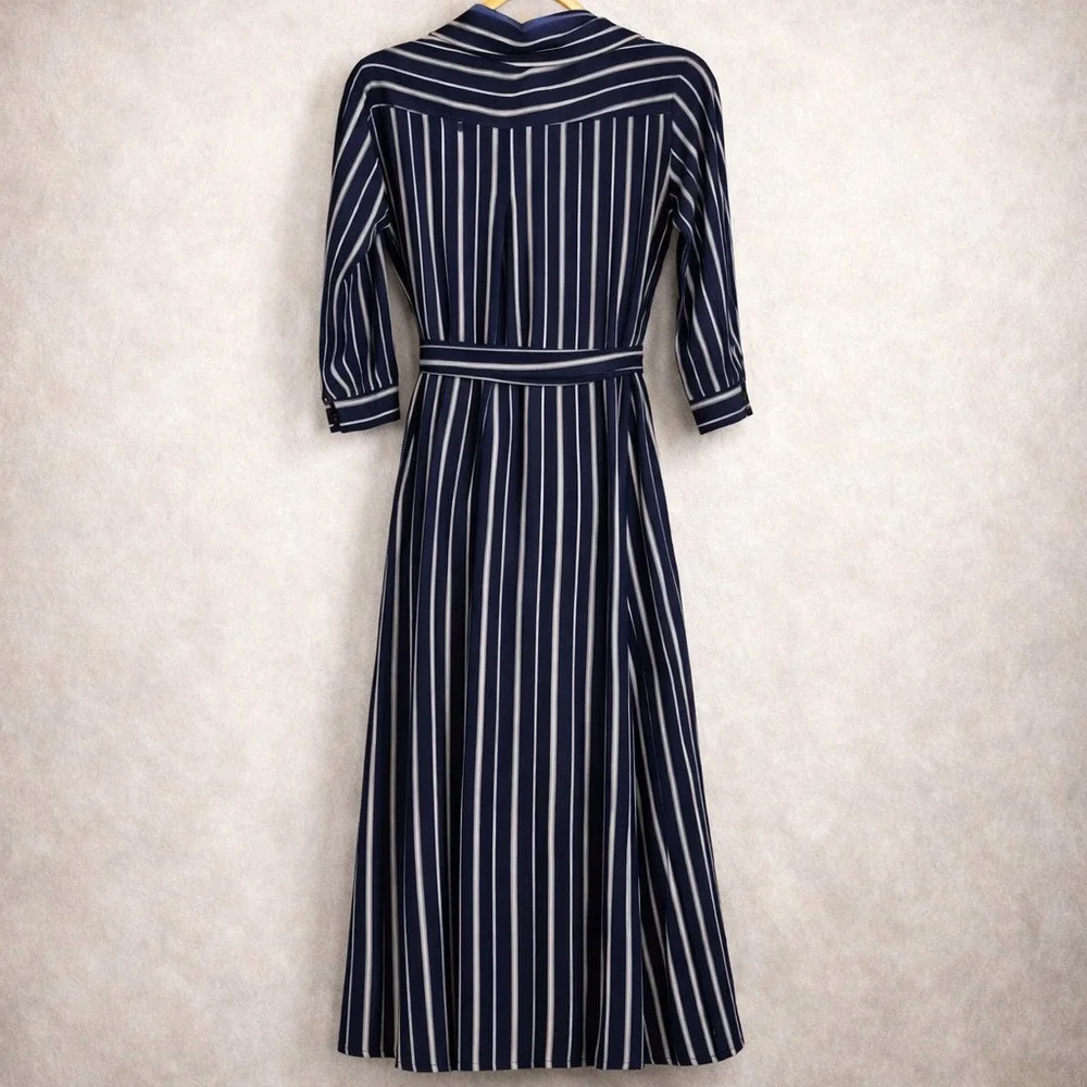 L'Agence Cameron Silk Maxi Shirt Dress S Navy White Stripe Belted Chic - Picture 4 of 9